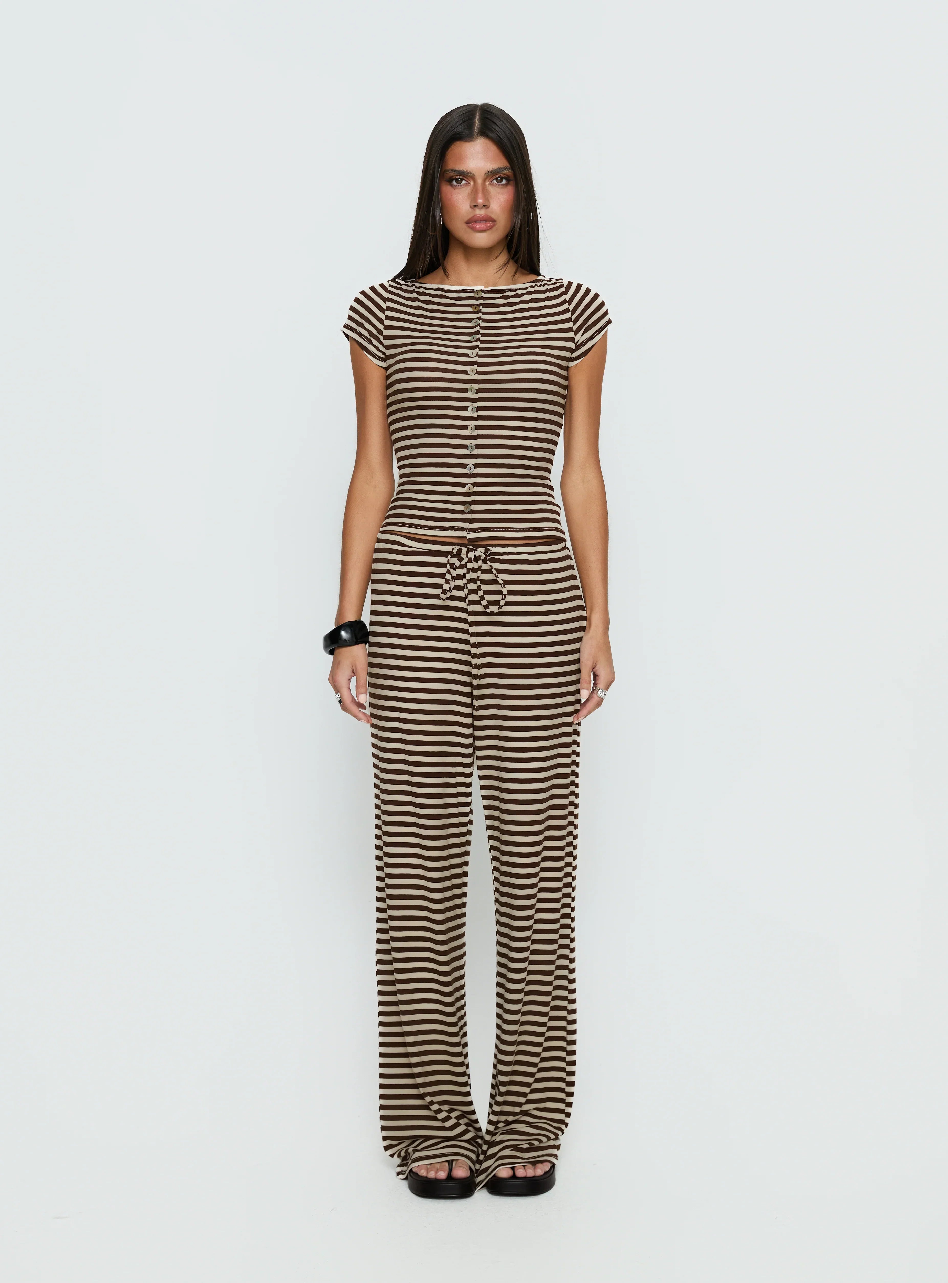 Angellina Jersey Button Down Top Chocolate / Cream Stripe