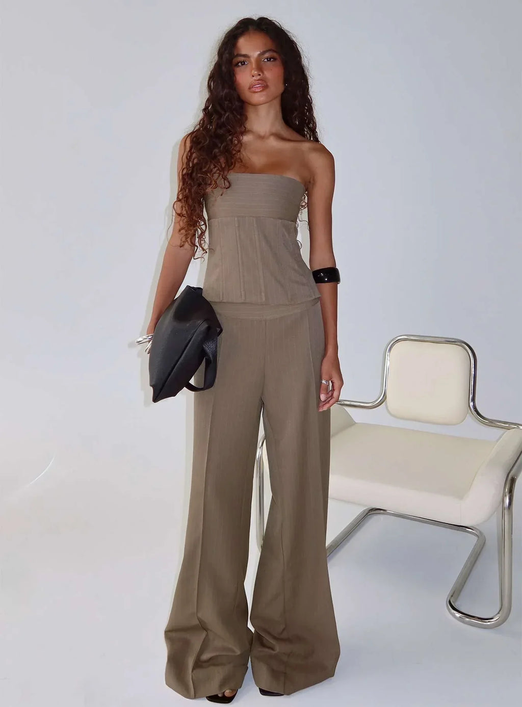 Madelle Strapless Tie Up Top Brown Pinstripe