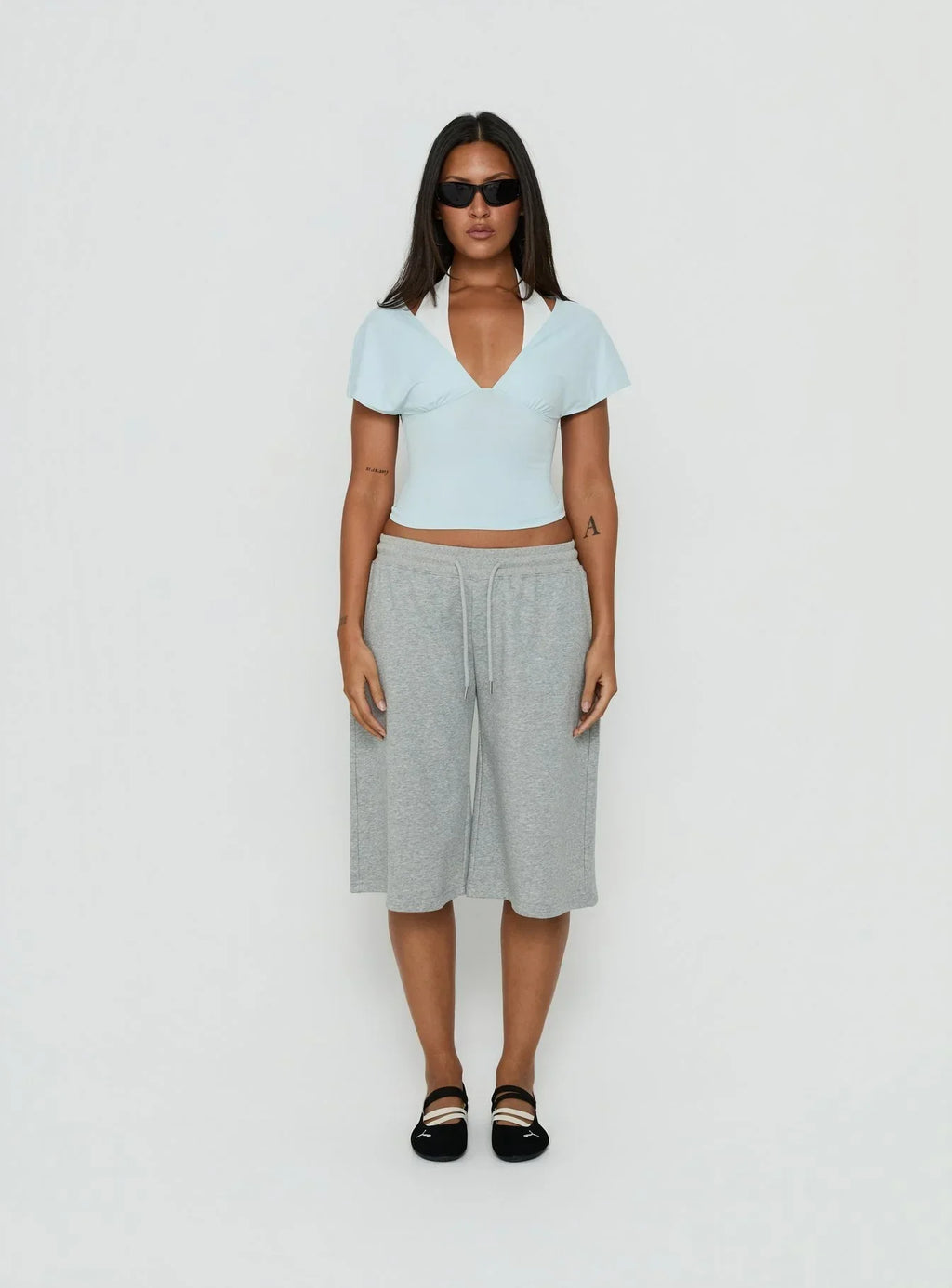 Beea Layered Halter Short Sleeve Top Blue / White