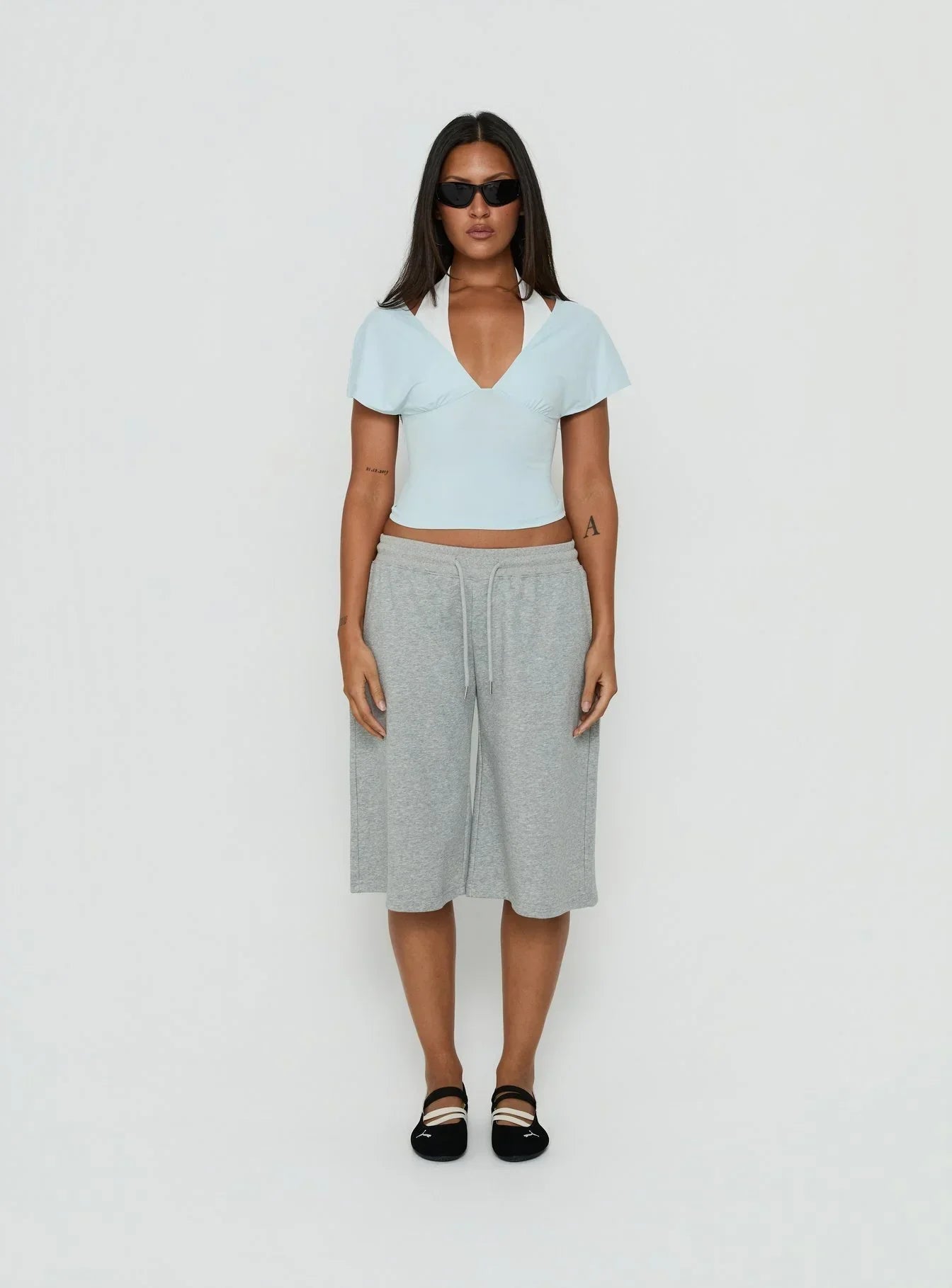 Beea Layered Halter Short Sleeve Top Blue / White