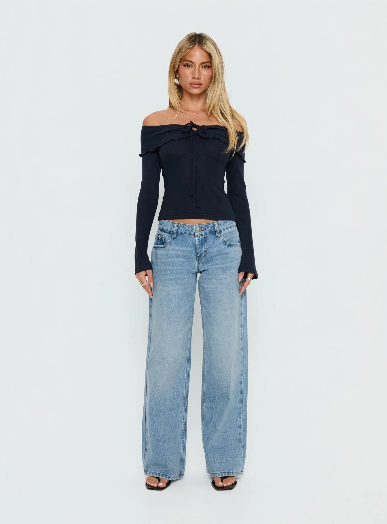 Sevanna Off Shoulder Long Sleeve Top Navy