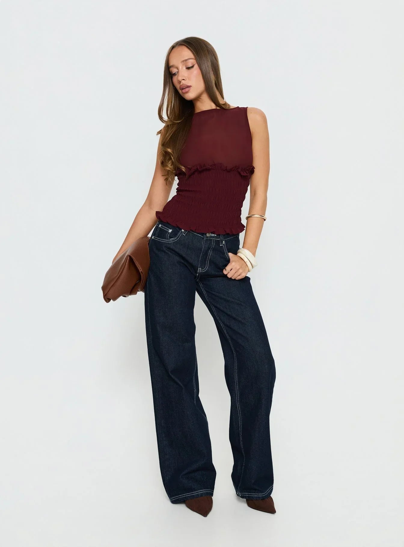 Fever Kiss Chiffon Ruched Top Wine