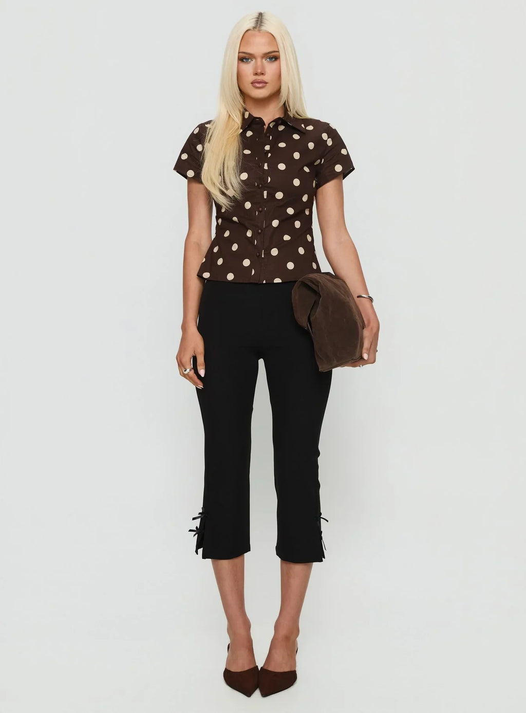 Lift Off Button Up Top Choc / Lemon Polka