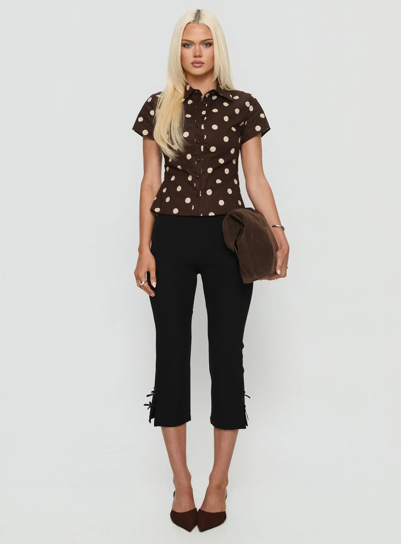 Lift Off Button Up Top Choc / Lemon Polka