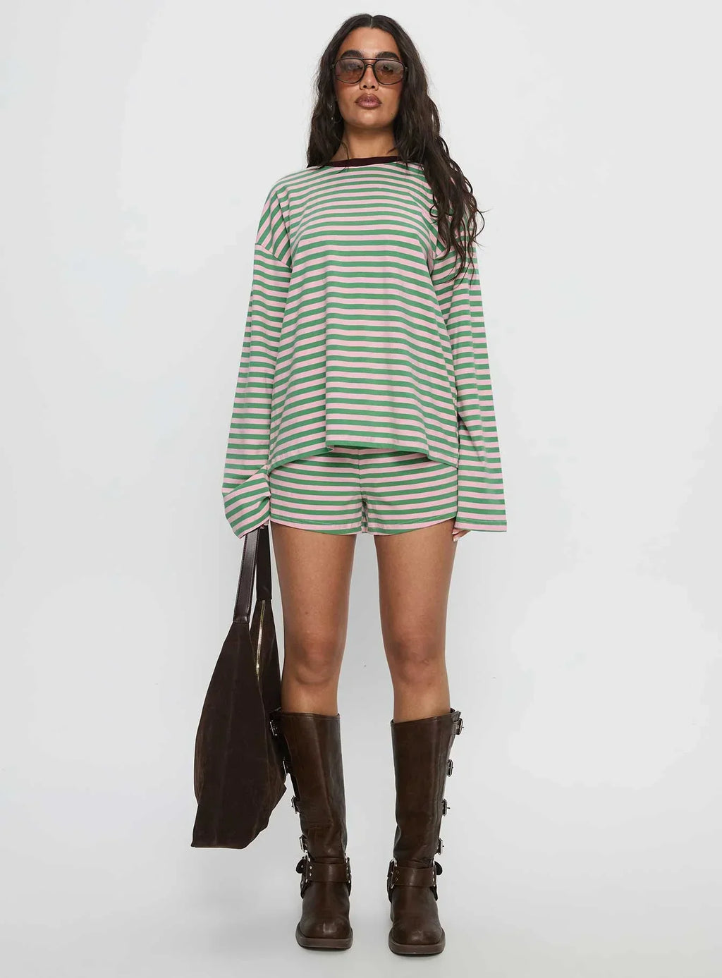 Settle Down Long Sleeve Top Green / Pink Stripe