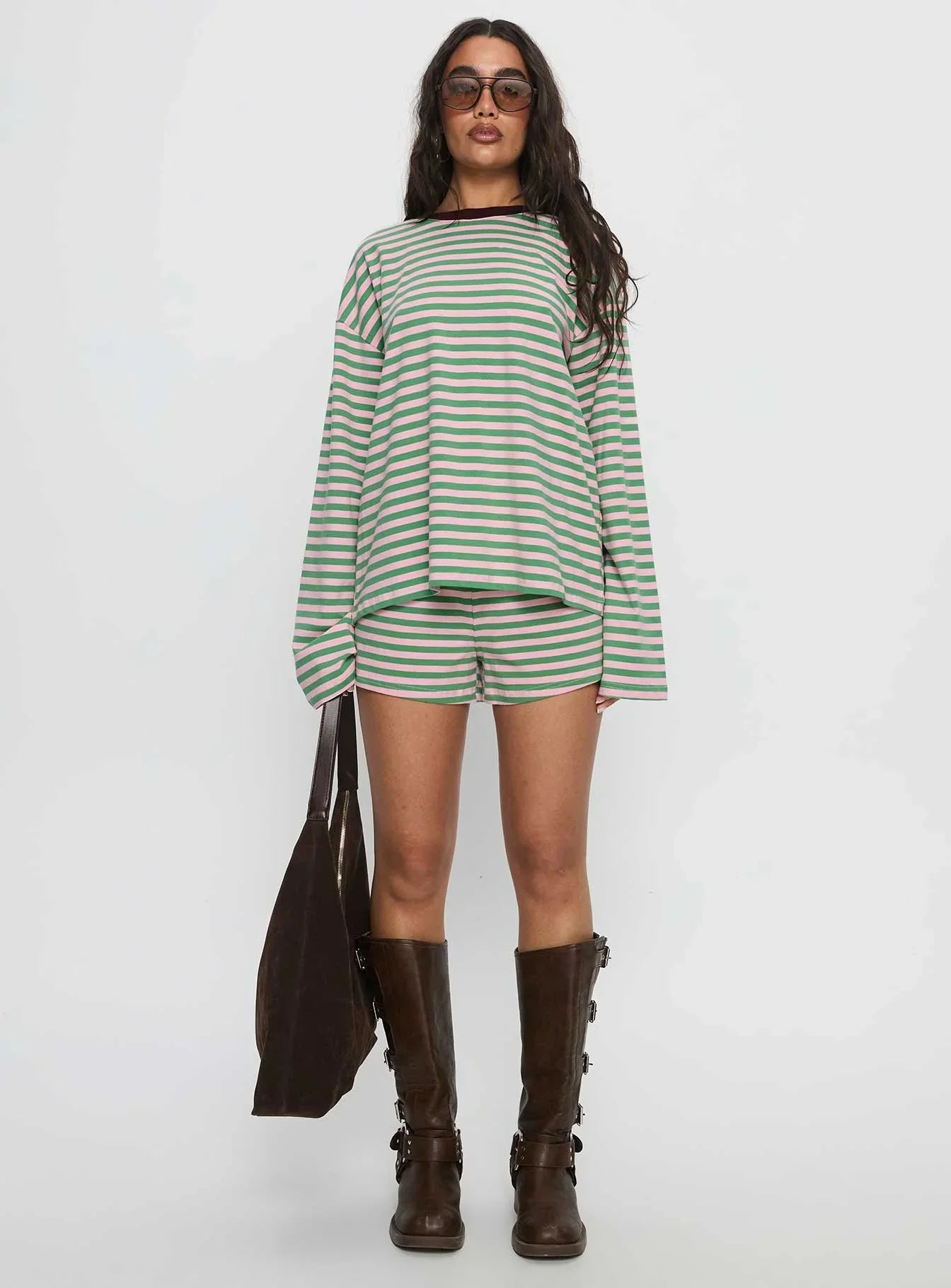 Settle Down Long Sleeve Top Green / Pink Stripe