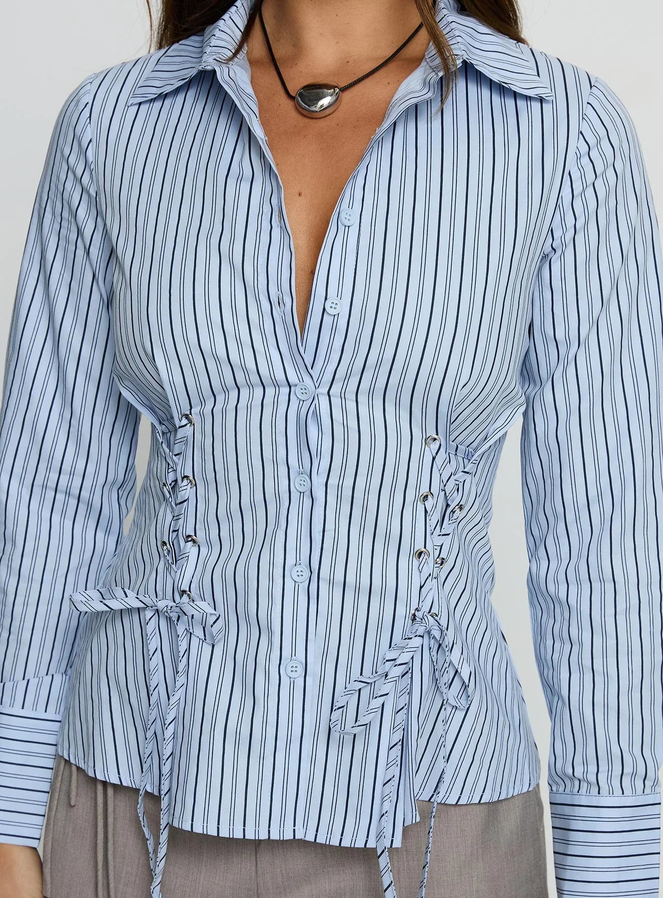 Sunisa Tie Detail Long Sleeve Top Blue Stripe