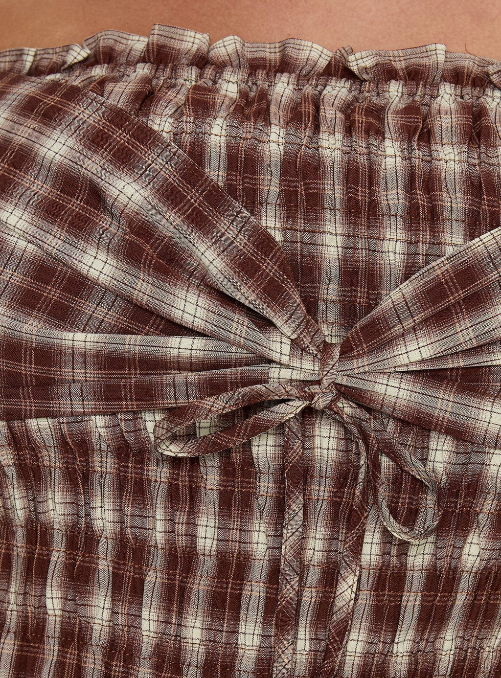 Avalynn Off Shoulder Shirred Top Brown Check Curve
