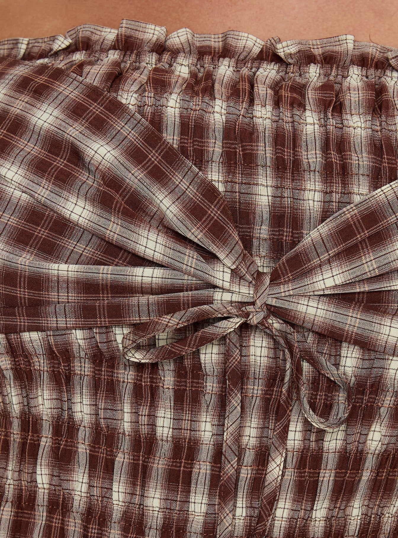 Avalynn Off Shoulder Shirred Top Brown Check Curve