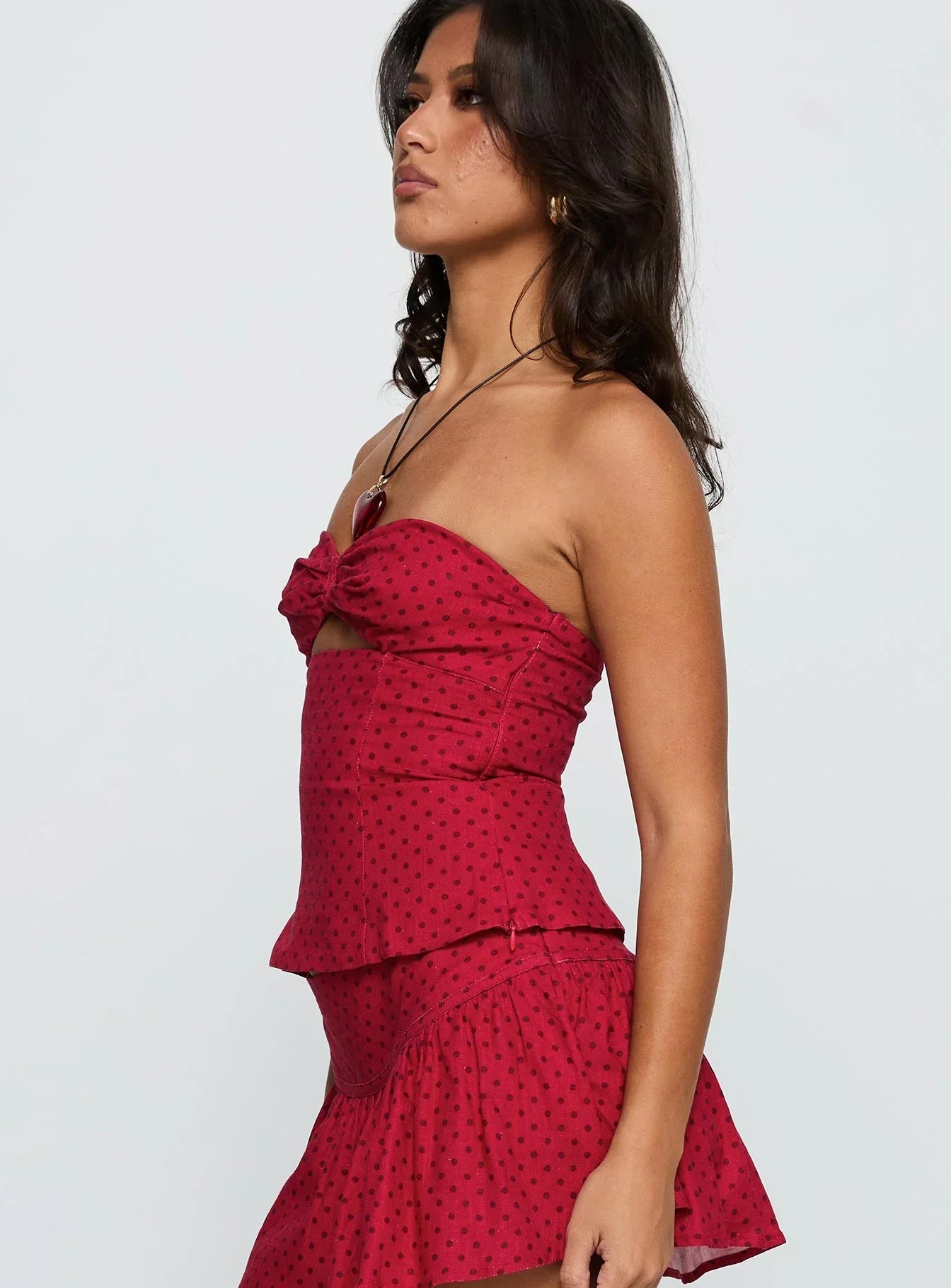 Kandee Twist Linen Blend Top Red Polka