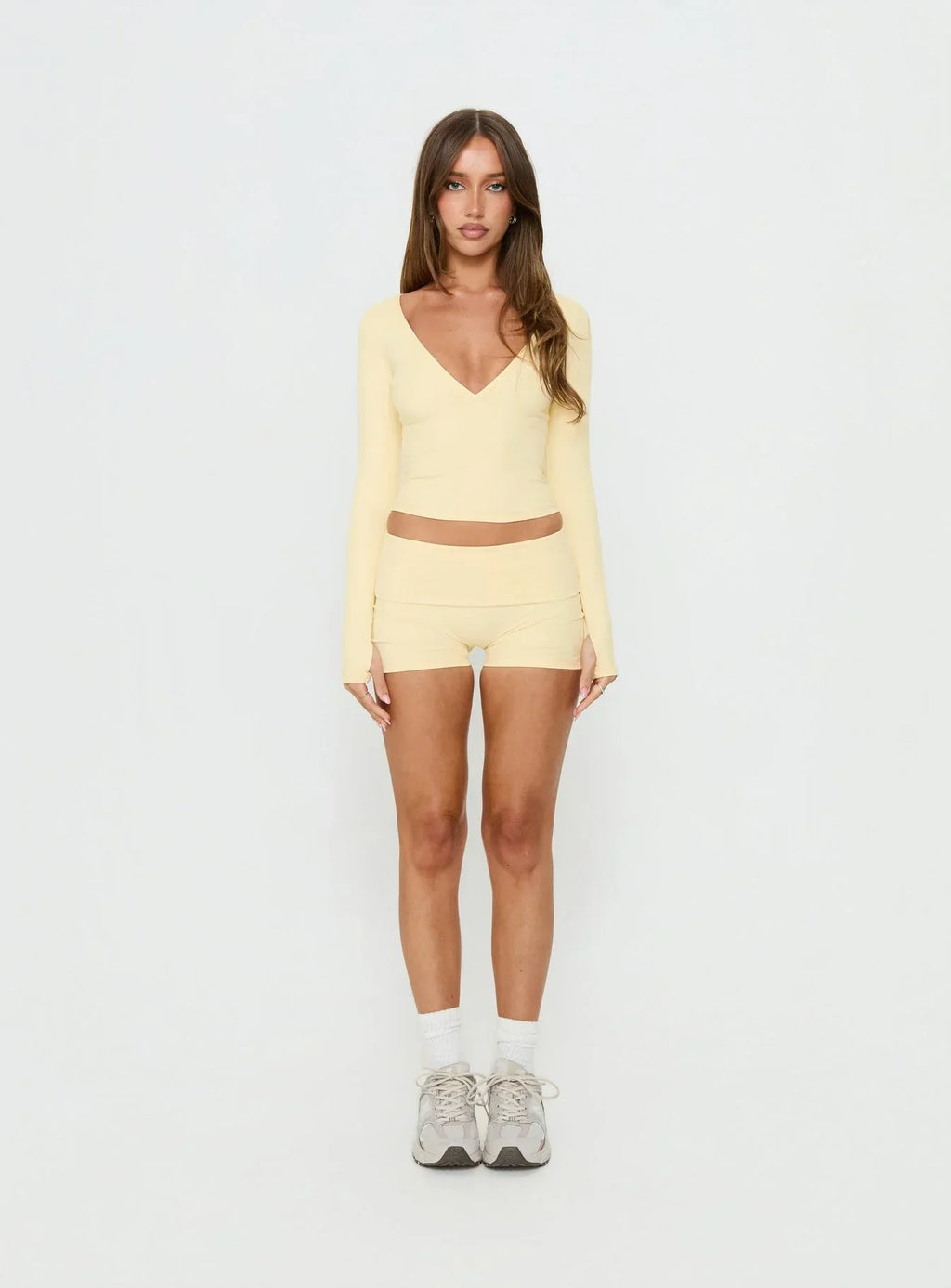 New Horizons Long Sleeve V Neck Top Butter Yellow