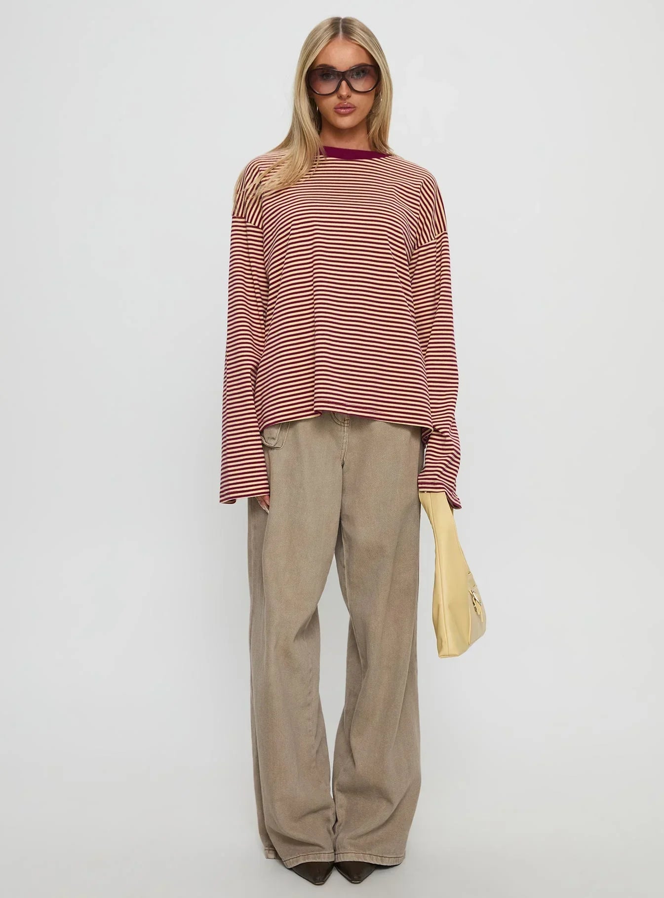 Settle Down Long Sleeve Top Lemon / Burgundy Stripe