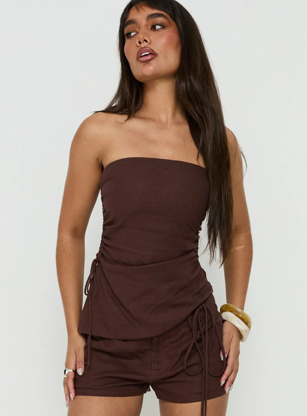 Defined Strapless Gathered Linen Blend Top Brown