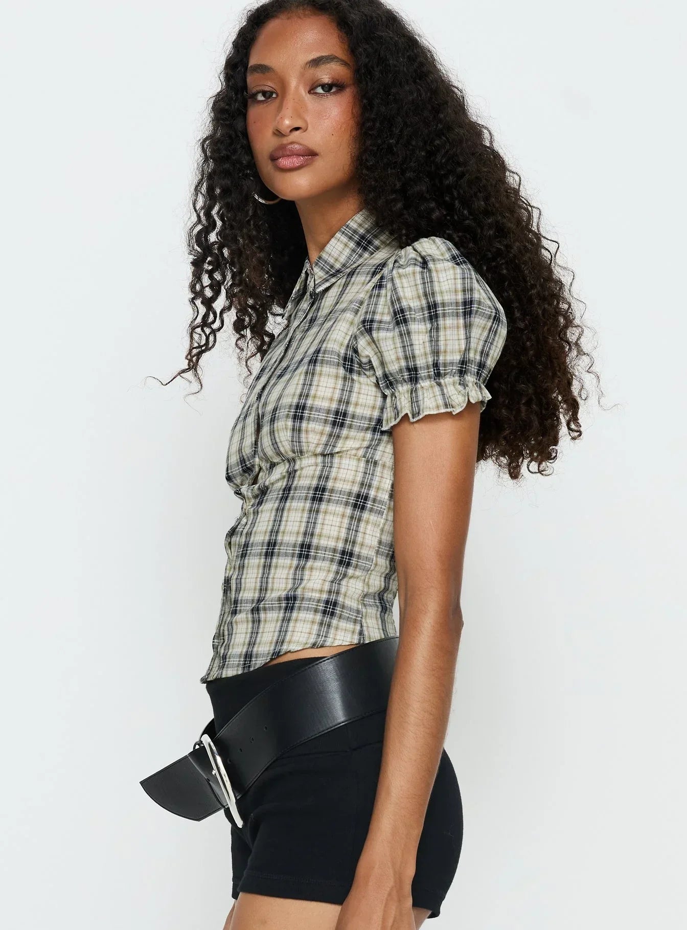 Maxfield Collared Button Up Blouse Top Multi Check