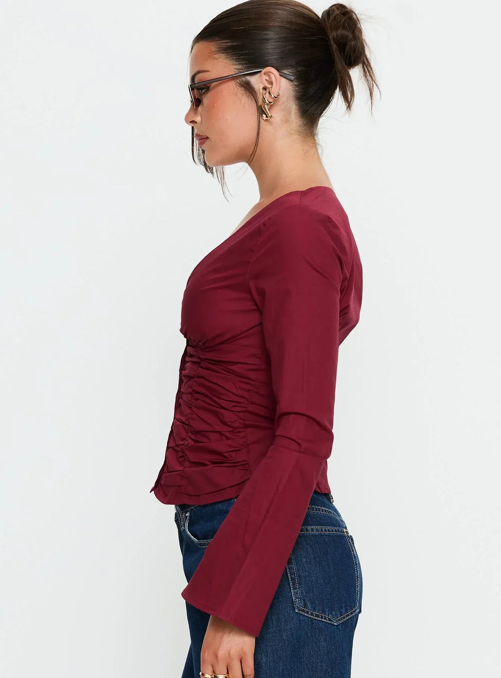 Zanetta Ruched Long Sleeve Top Burgundy