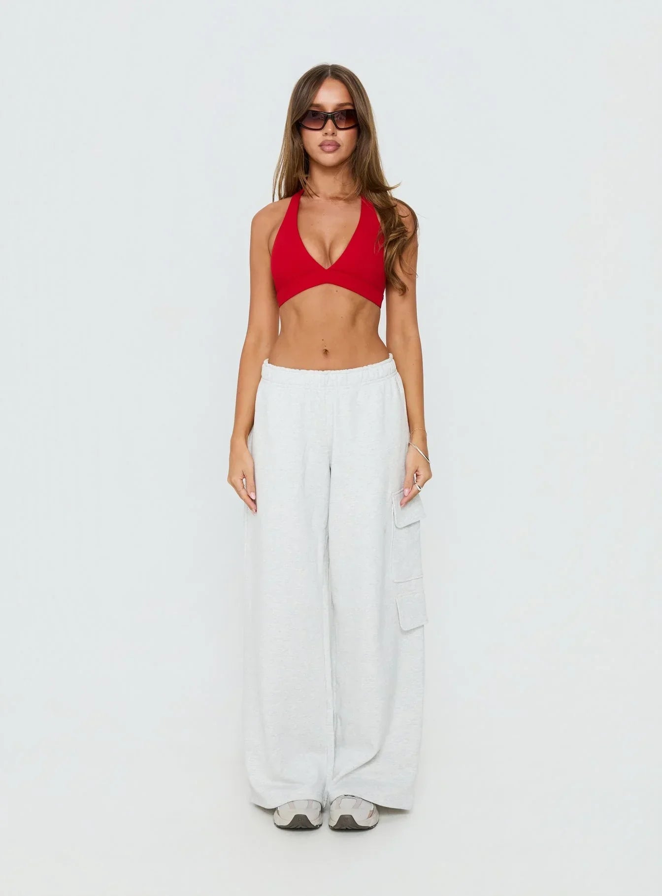 In Motion Active Plunge Halter Crop Top Red