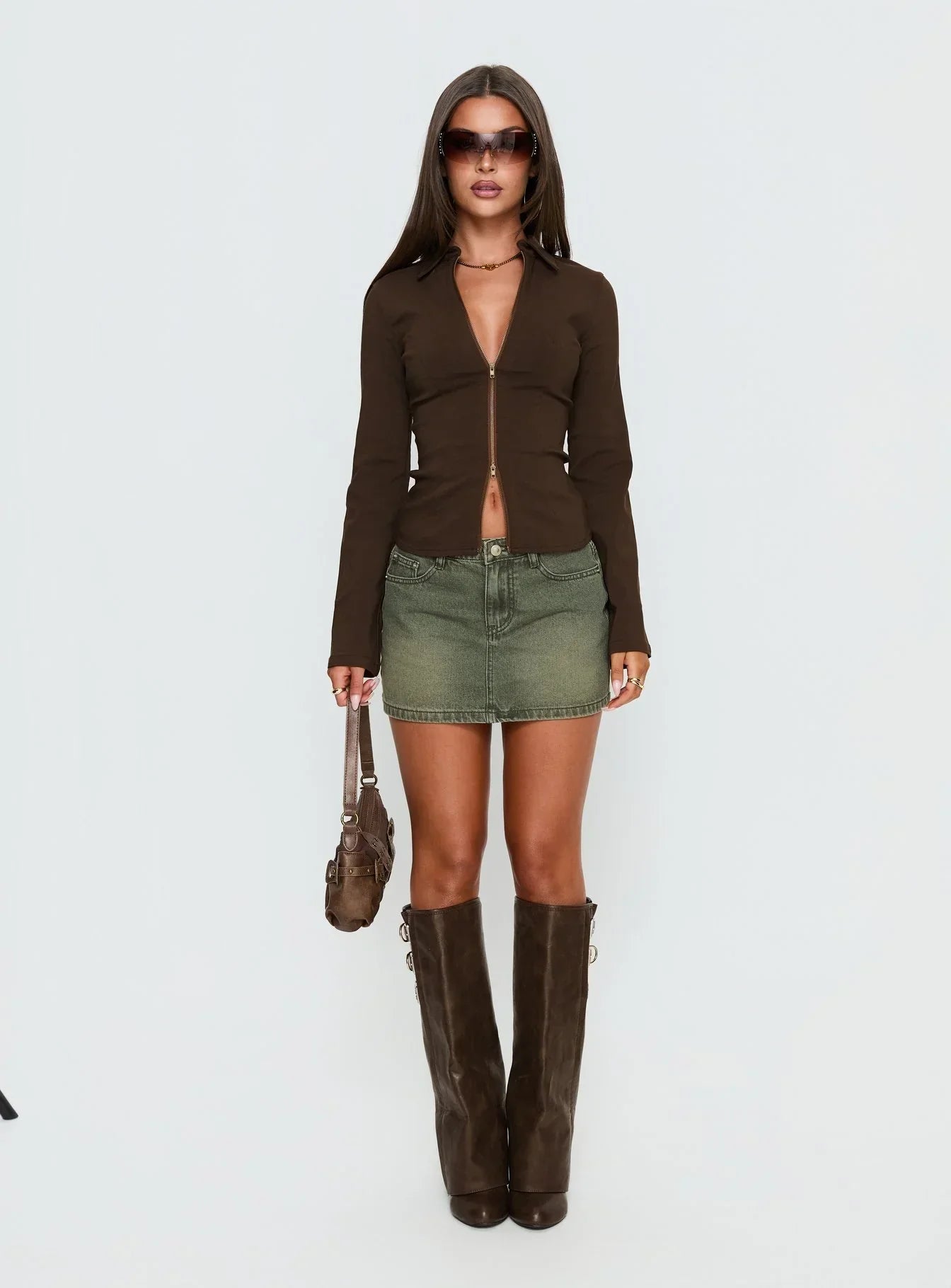 Aviela Zip Up Long Sleeve Top Brown