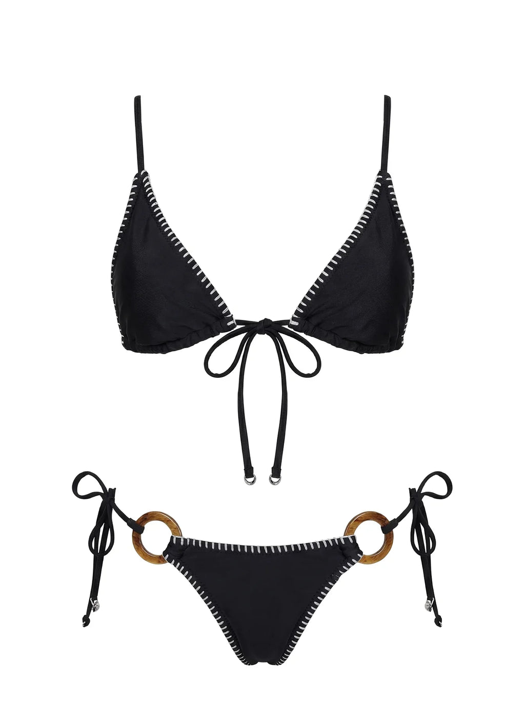 In The Sand Tie Front Ring Detail Bikini Top Black