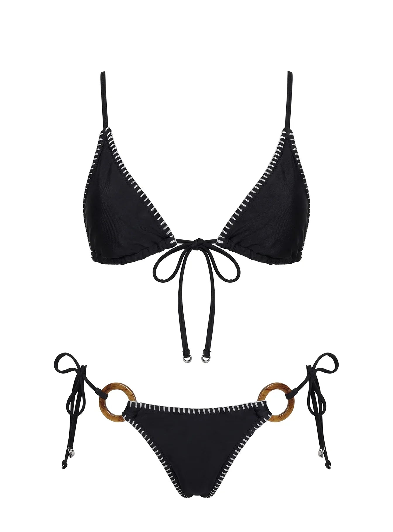 In The Sand Tie Front Ring Detail Bikini Top Black