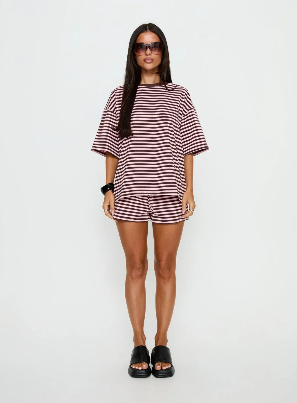 Settle Down Short Sleeve Top Pink / Brown Stripe