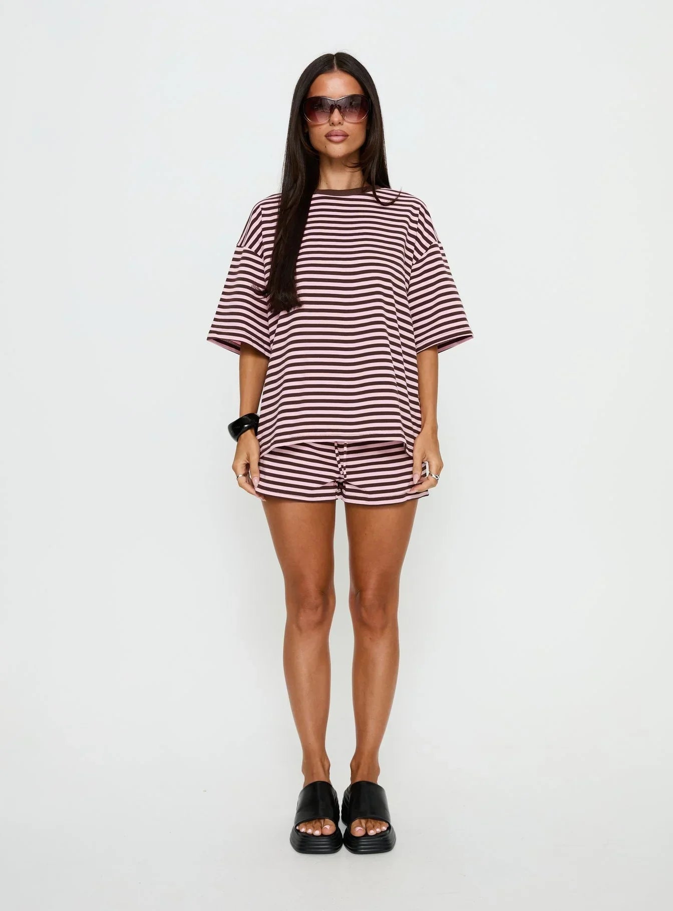 Settle Down Short Sleeve Top Pink / Brown Stripe