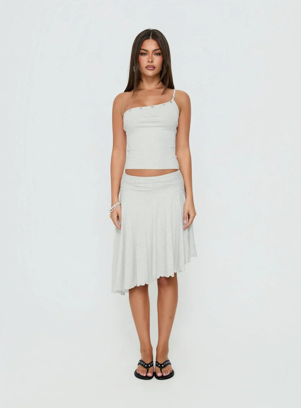 Mimmi One Shoulder Button Detail Top Grey