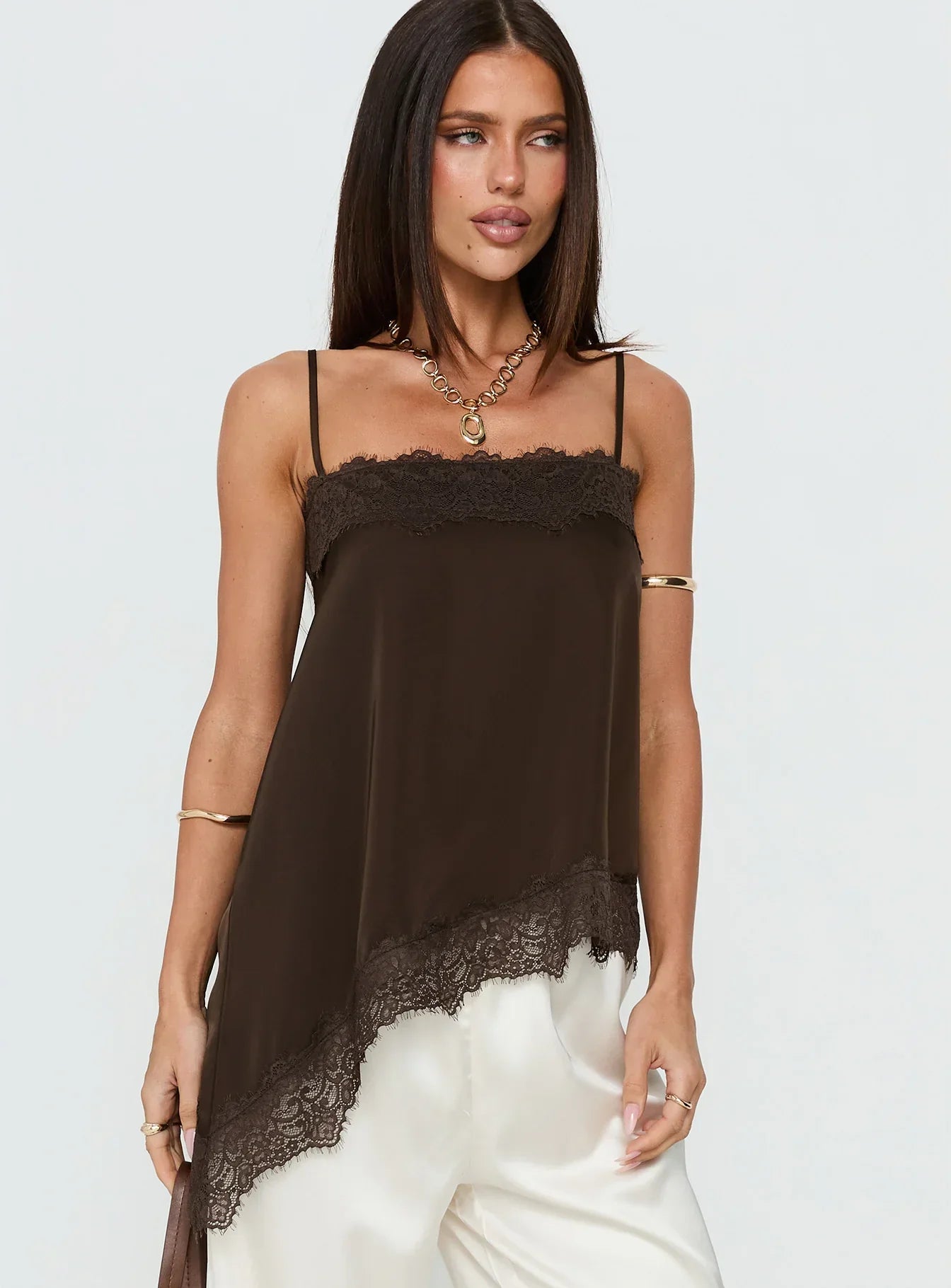 Daesa Longline Lace Top Brown