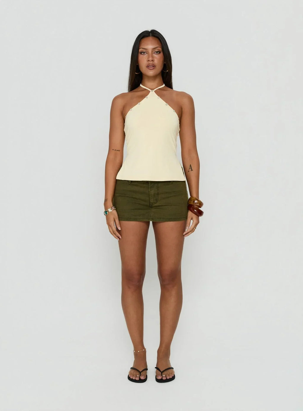 Eiva Arrowneck Button Detail Top Lemon
