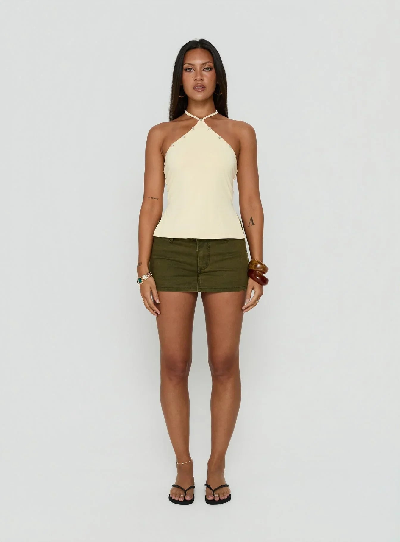 Eiva Arrowneck Button Detail Top Lemon