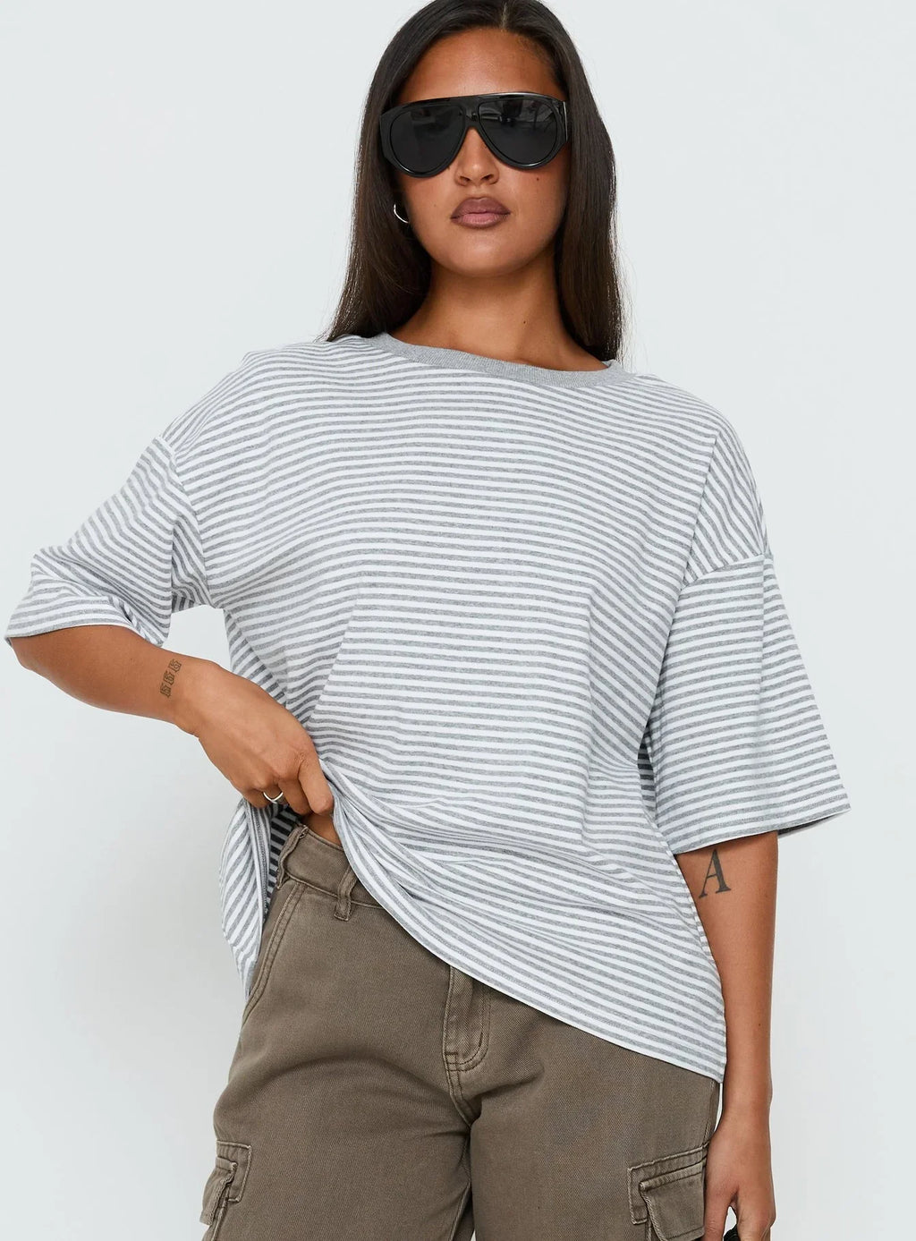 Settle Down Short Sleeve Top Grey / White Stripe