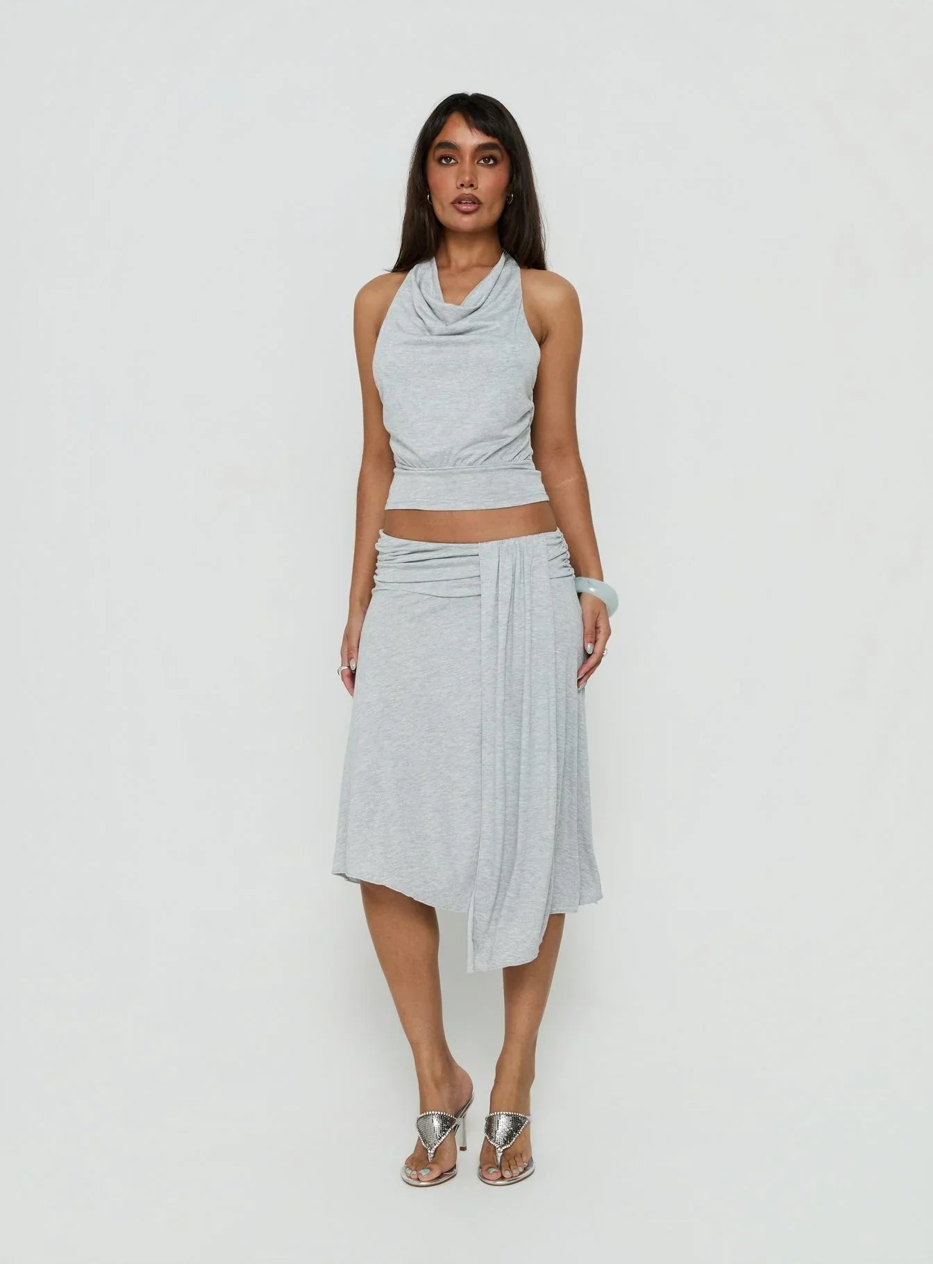 Adreana Halter Jersey Top Grey Marle