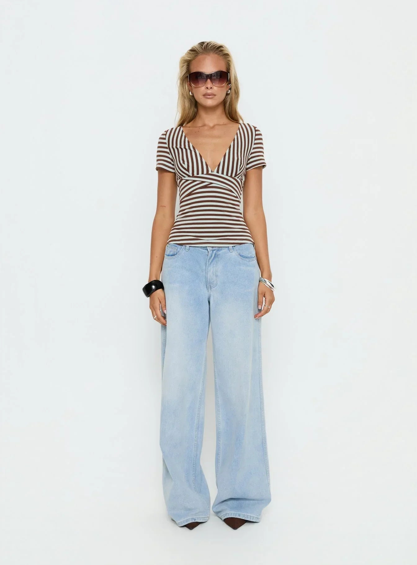 Madelon Short Sleeve Wrap Top Brown / Blue Stripe