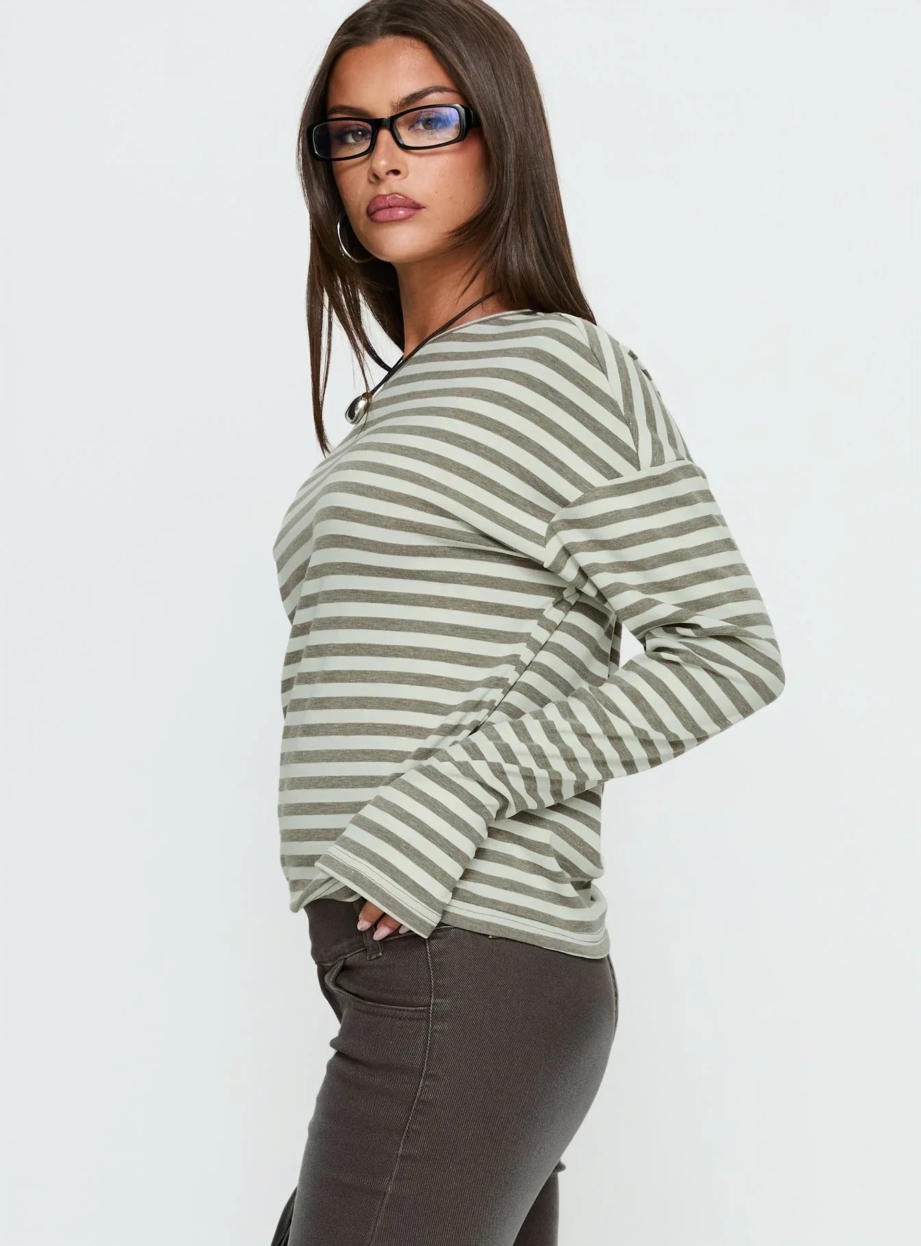 Lenorah Off Shoulder Long Sleeve Top Grey Stripe