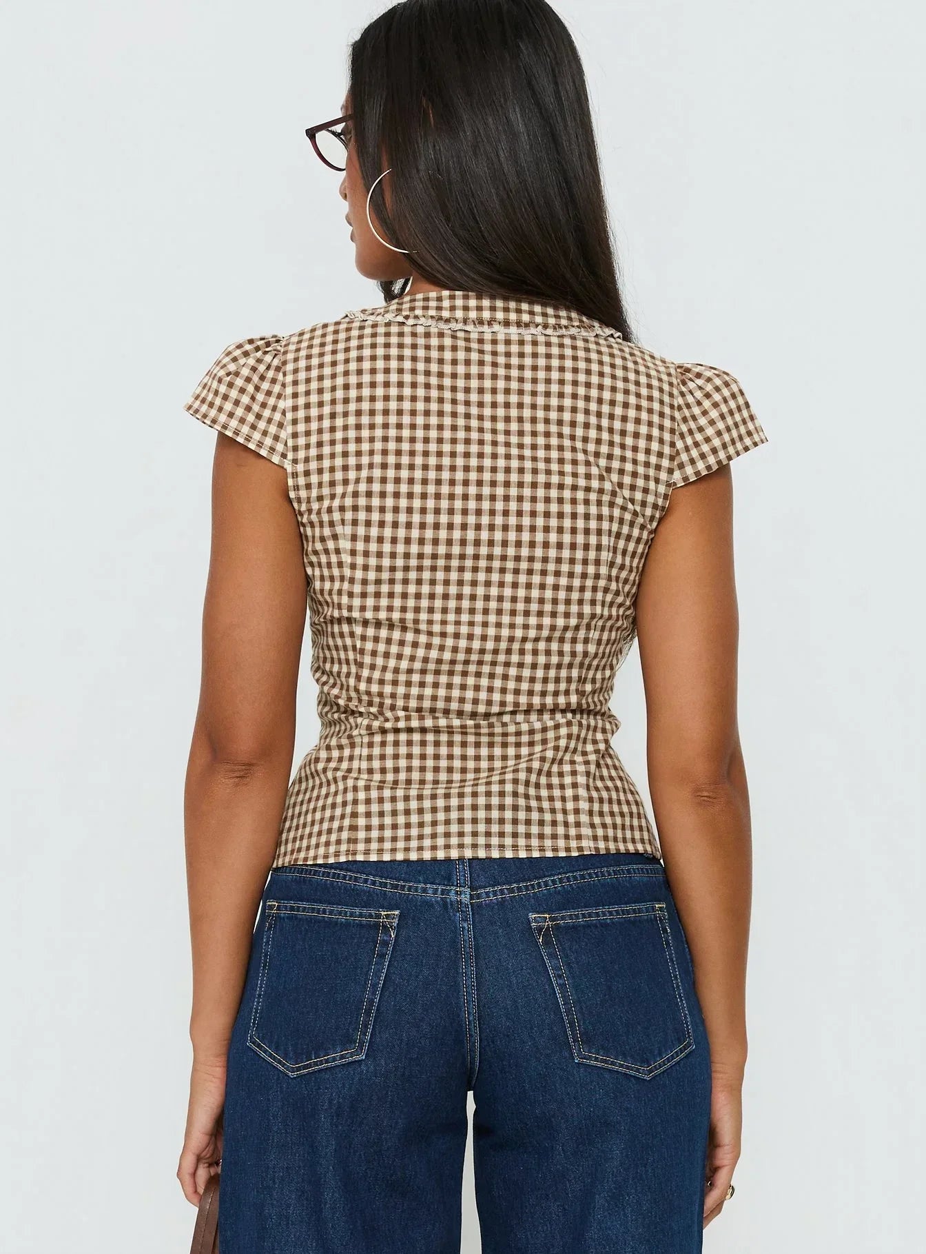 Bradlie Frill Detail Short Sleeve Blouse Top Chocolate Gingham