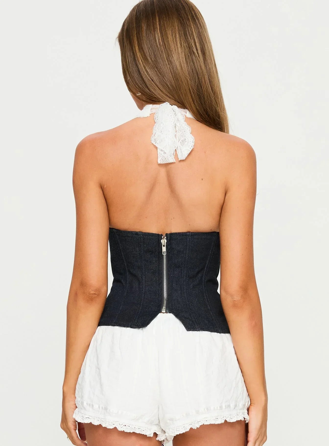 Dreamfields Lace Up Corset Top Dark Denim / White