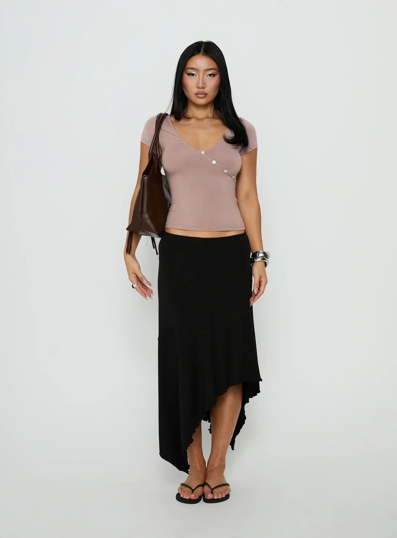 Cordie V Neck Button Top Concrete