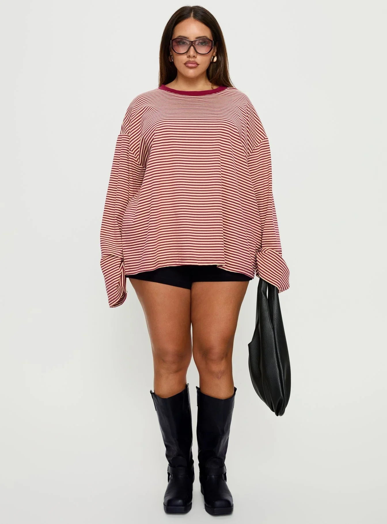 Settle Down Long Sleeve Top Lemon / Burgundy Stripe Curve