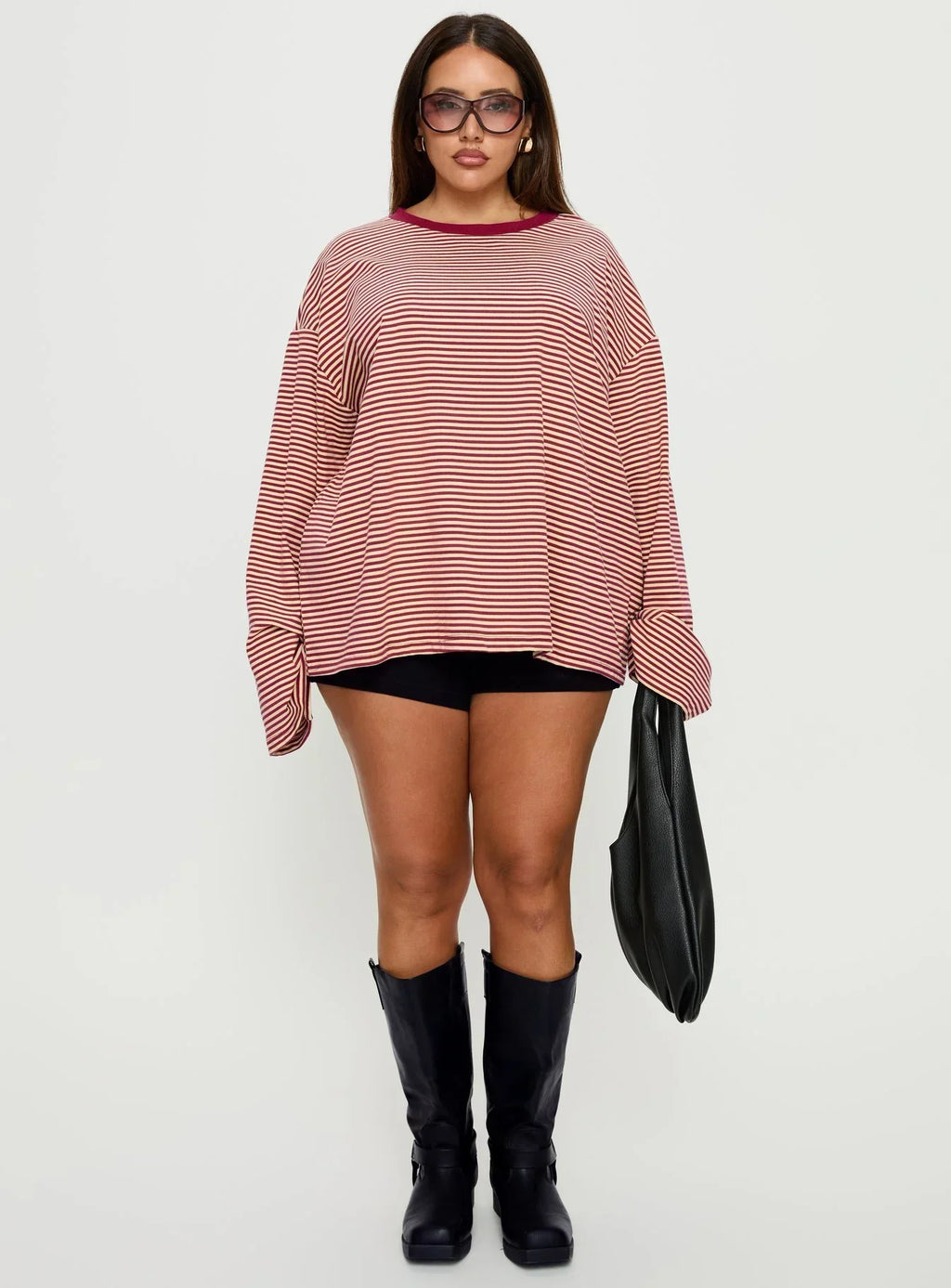 Settle Down Long Sleeve Top Lemon / Burgundy Stripe Curve