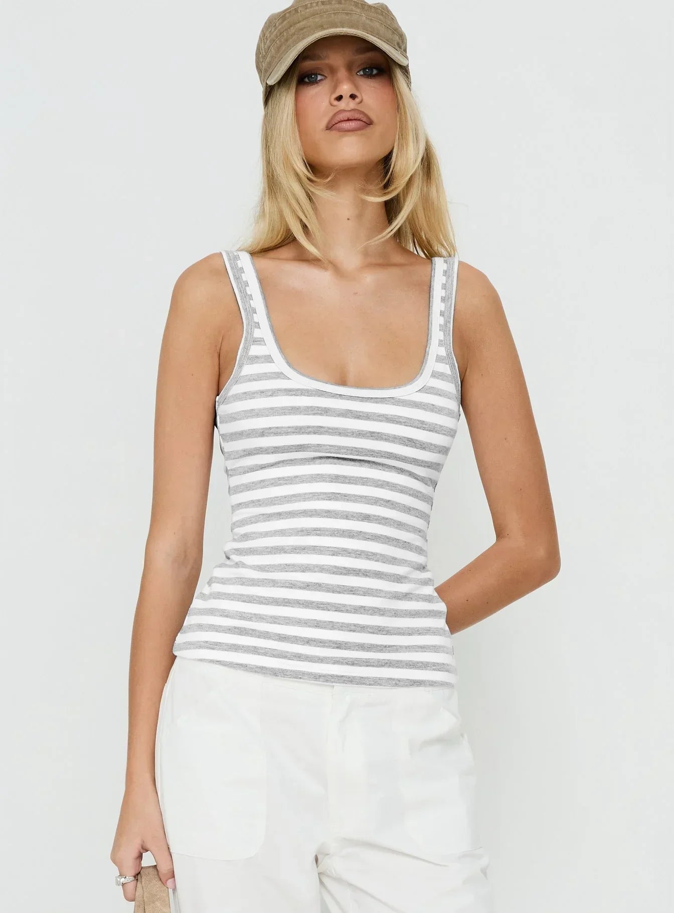 Keep It Light Low Back Tank Top White / Grey Stripe