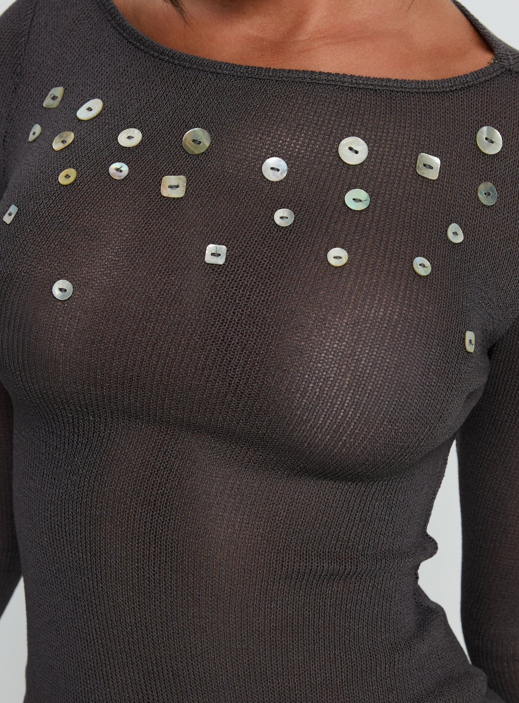 Andia Long Sleeve Sheer Embellished Top Grey