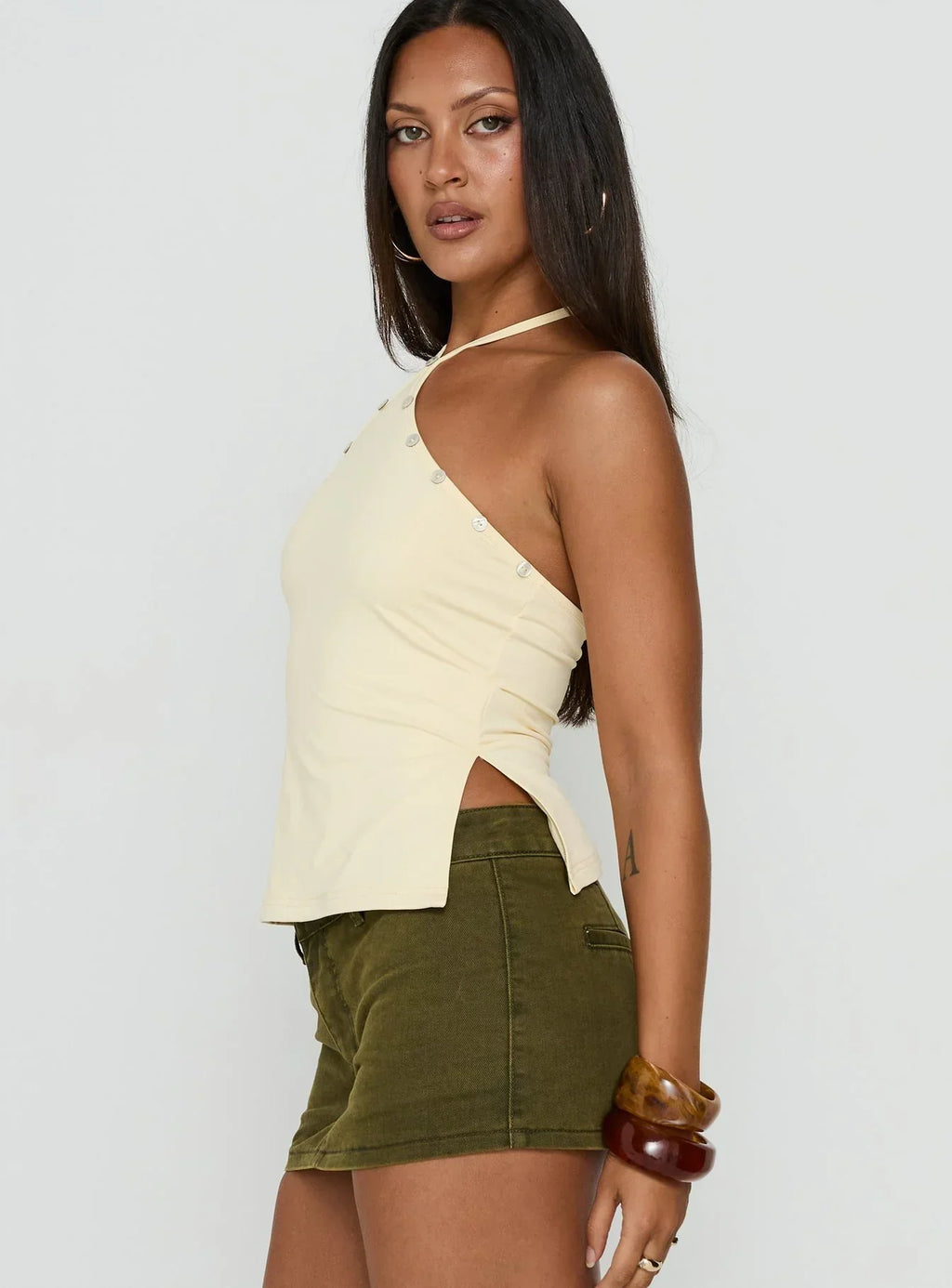 Eiva Arrowneck Button Detail Top Lemon