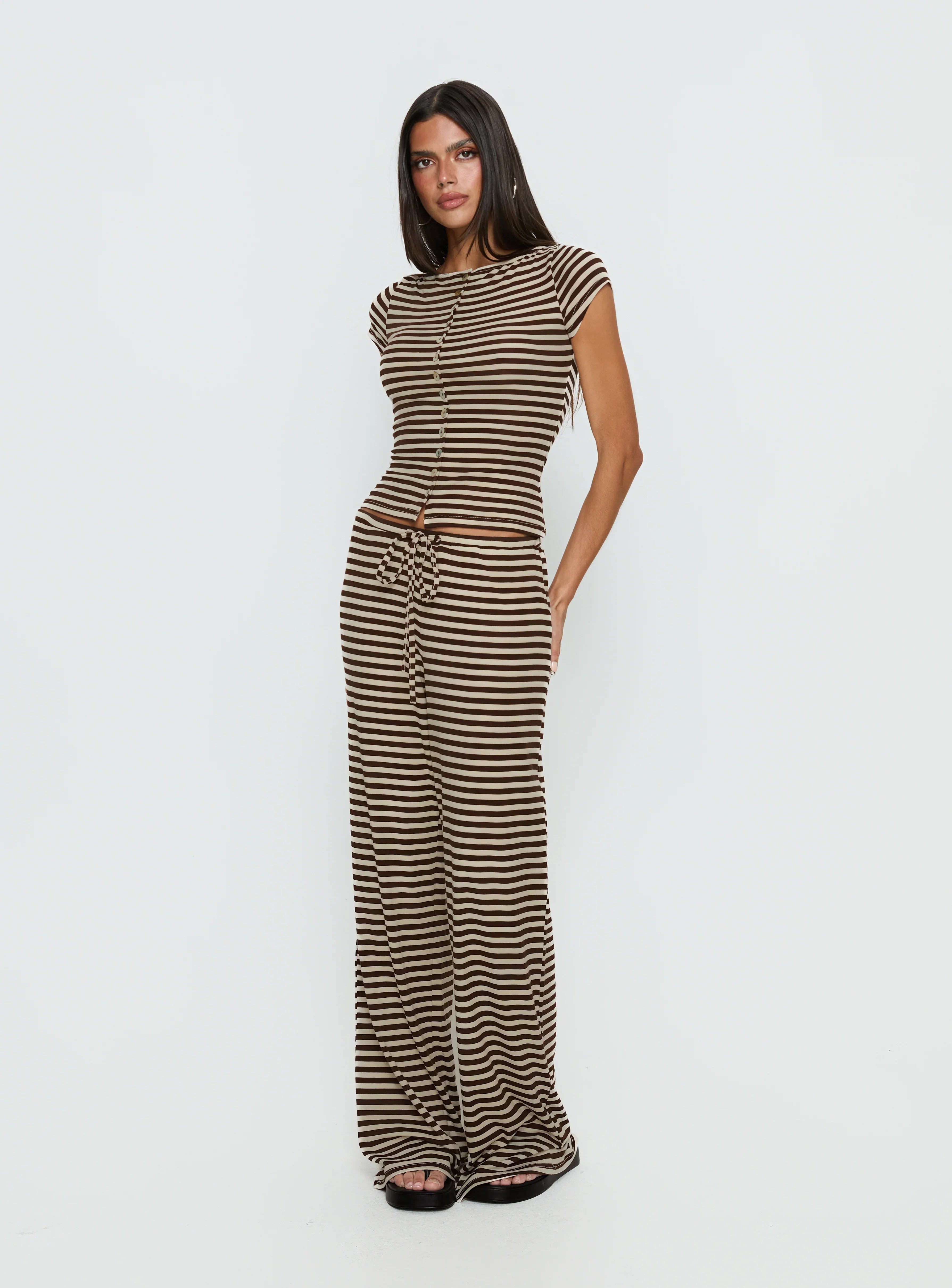 Angellina Jersey Button Down Top Chocolate / Cream Stripe