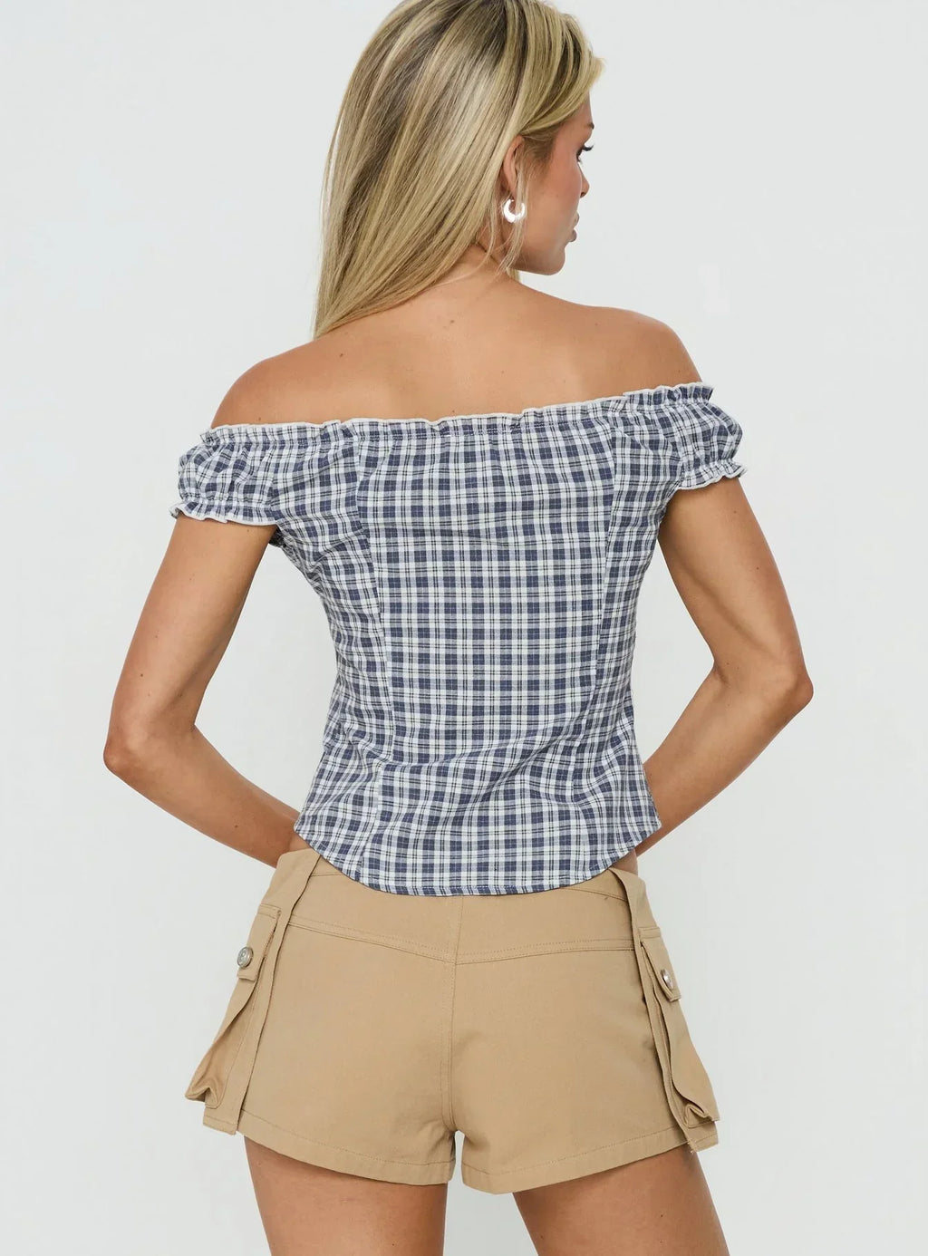 Bravely Off Shoulder Button Up Top Blue Check
