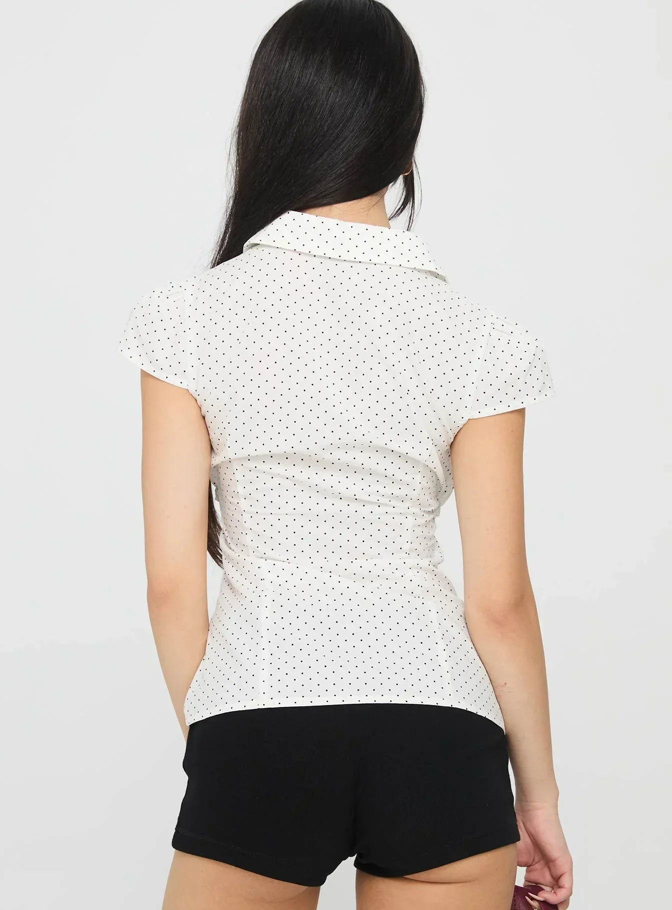 Lyzbeth Ruched Button Up Top White Polka