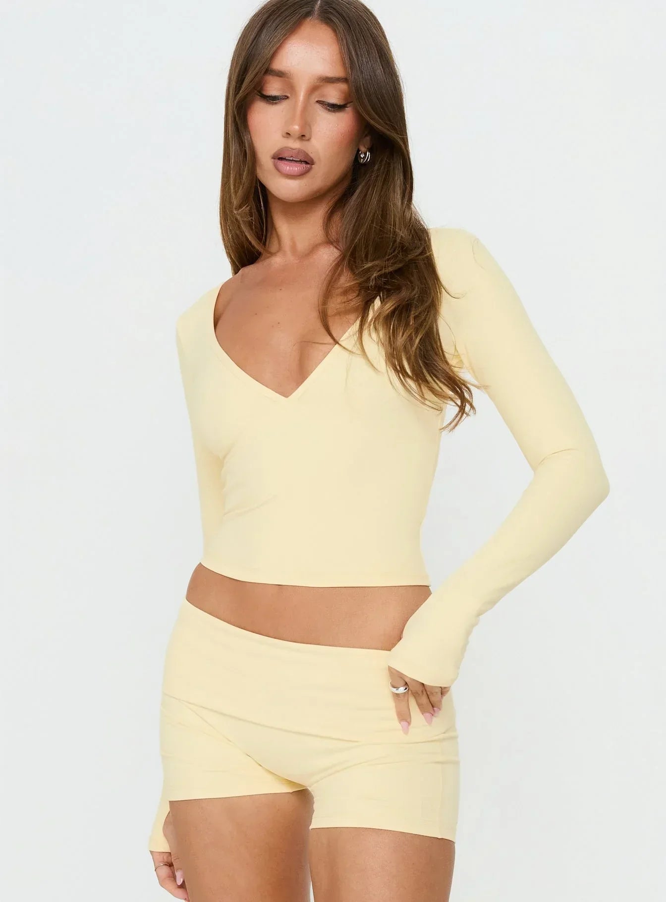 New Horizons Long Sleeve V Neck Top Butter Yellow