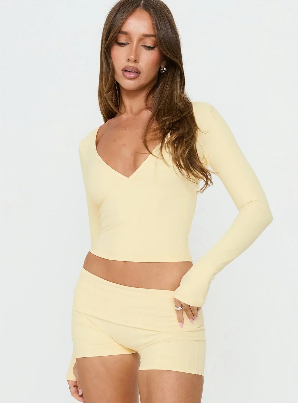 New Horizons Long Sleeve V Neck Top Butter Yellow
