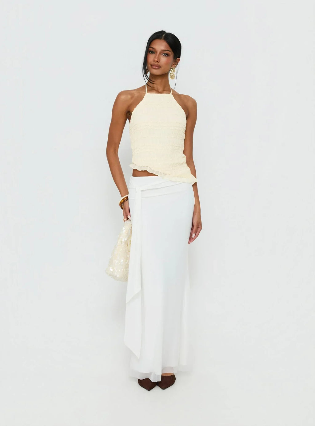 Stairway To Heaven Shirred Asymmetrical Halter Top Cream