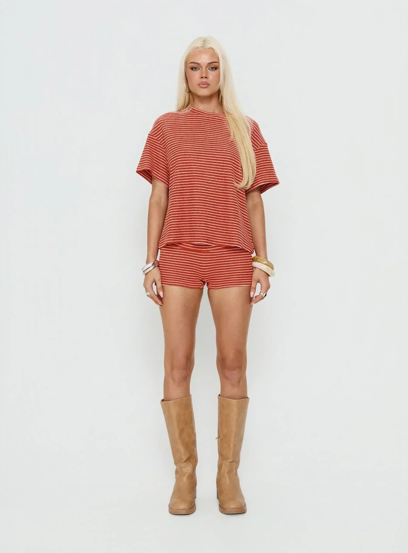 Rubez Terry Towelling Boxy Top Burnt Orange Stripe