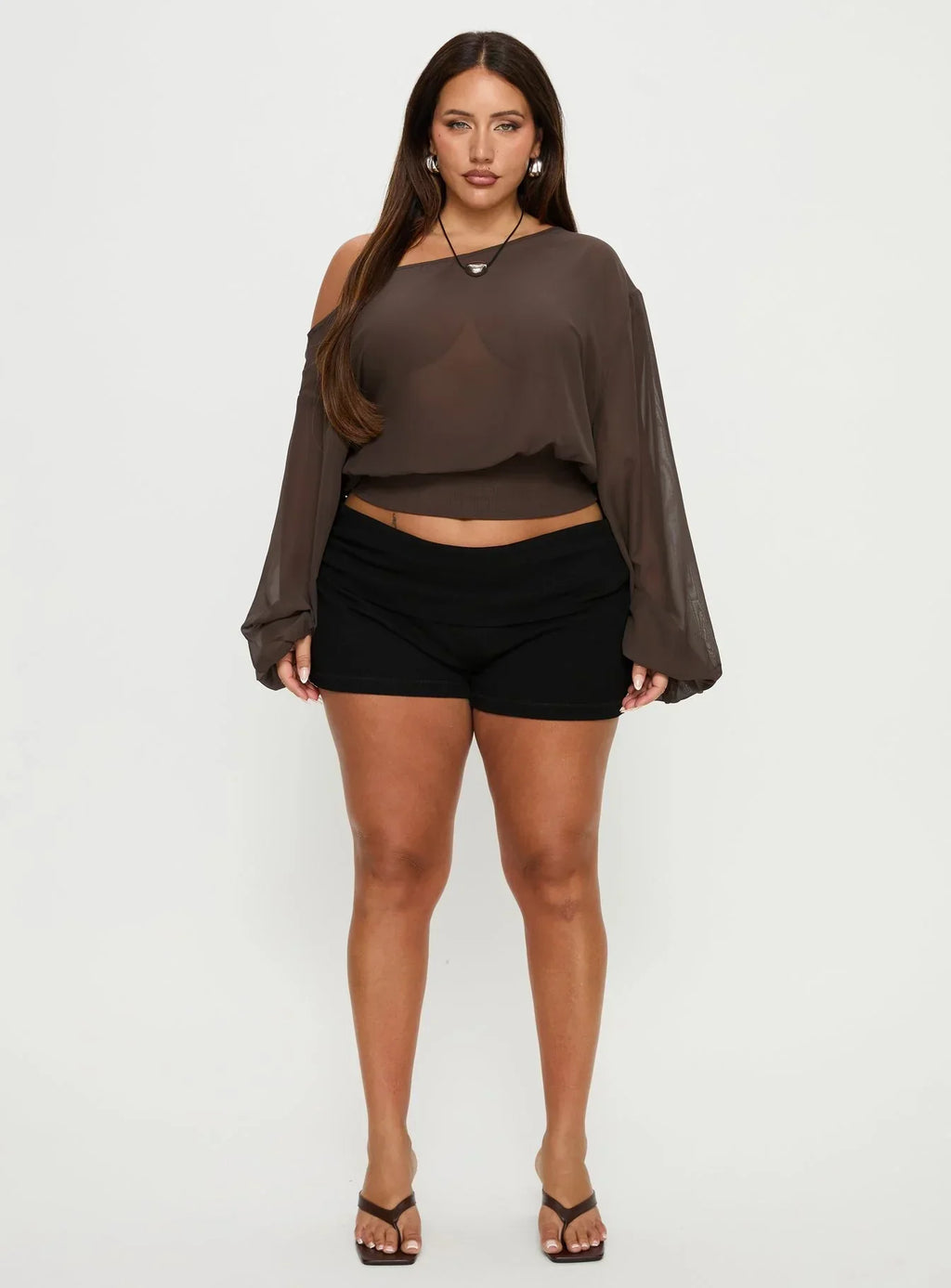 Idalina Slouchy Chiffon Top Brown Curve