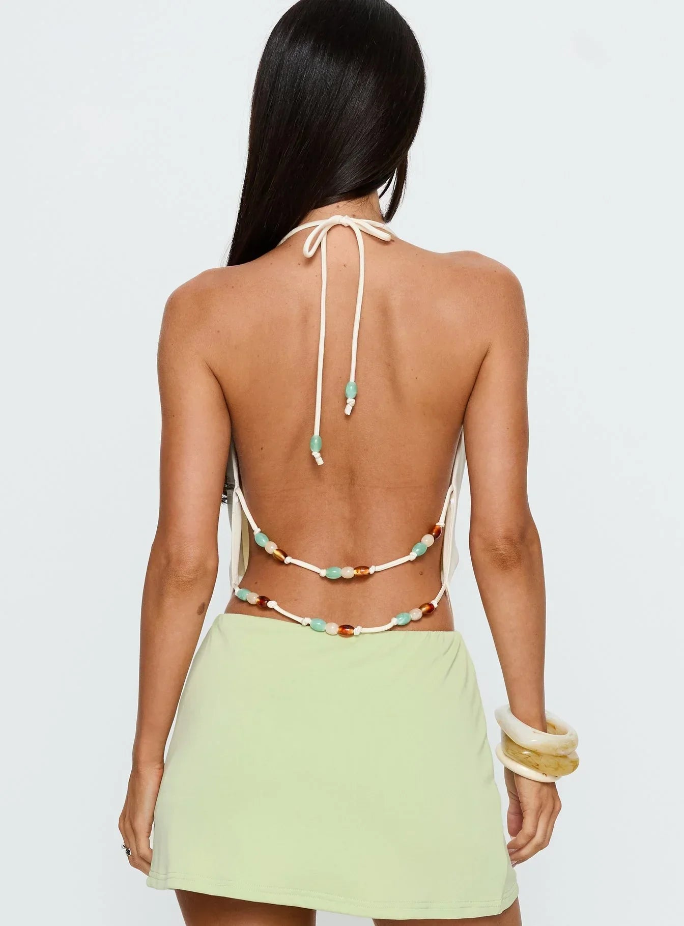 Kaivra Plunge Bead Detail Backless Top Cream